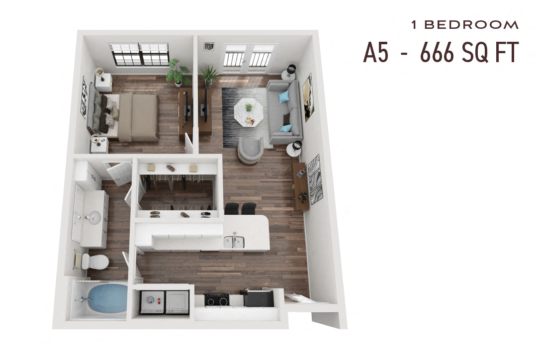 Floor plan for 1 bed, 1 bath, 666 sqft